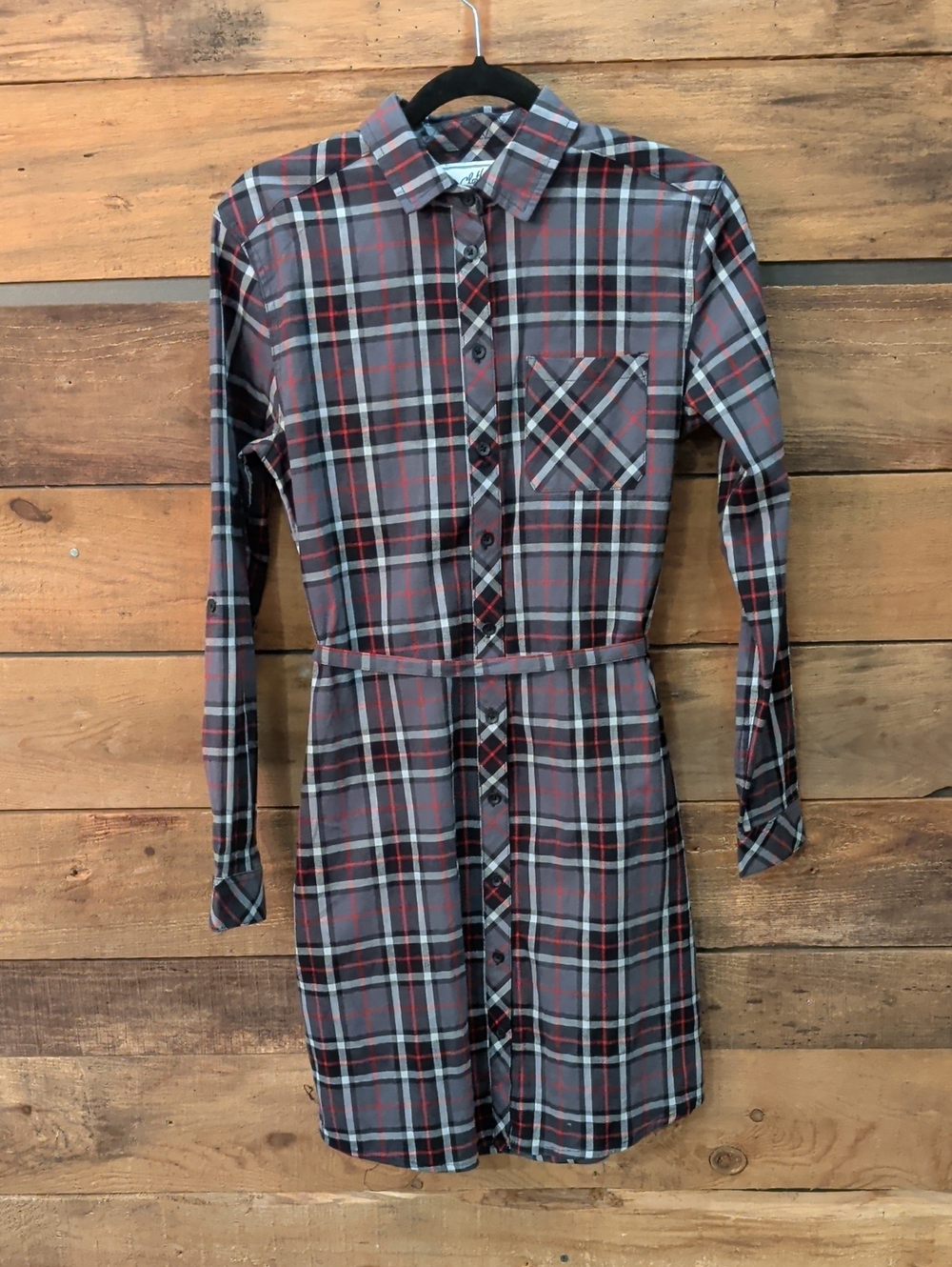 BC Clothing Plaid Button-Front Long Sleeve Shirt Dress in Gray and Red